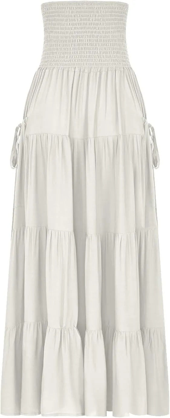 Maxi Skirts for Women Elastic High Waist Tiered A-Line Pleated Long Skirt Summer Flowy Swing Boho Solid Beach Clothes