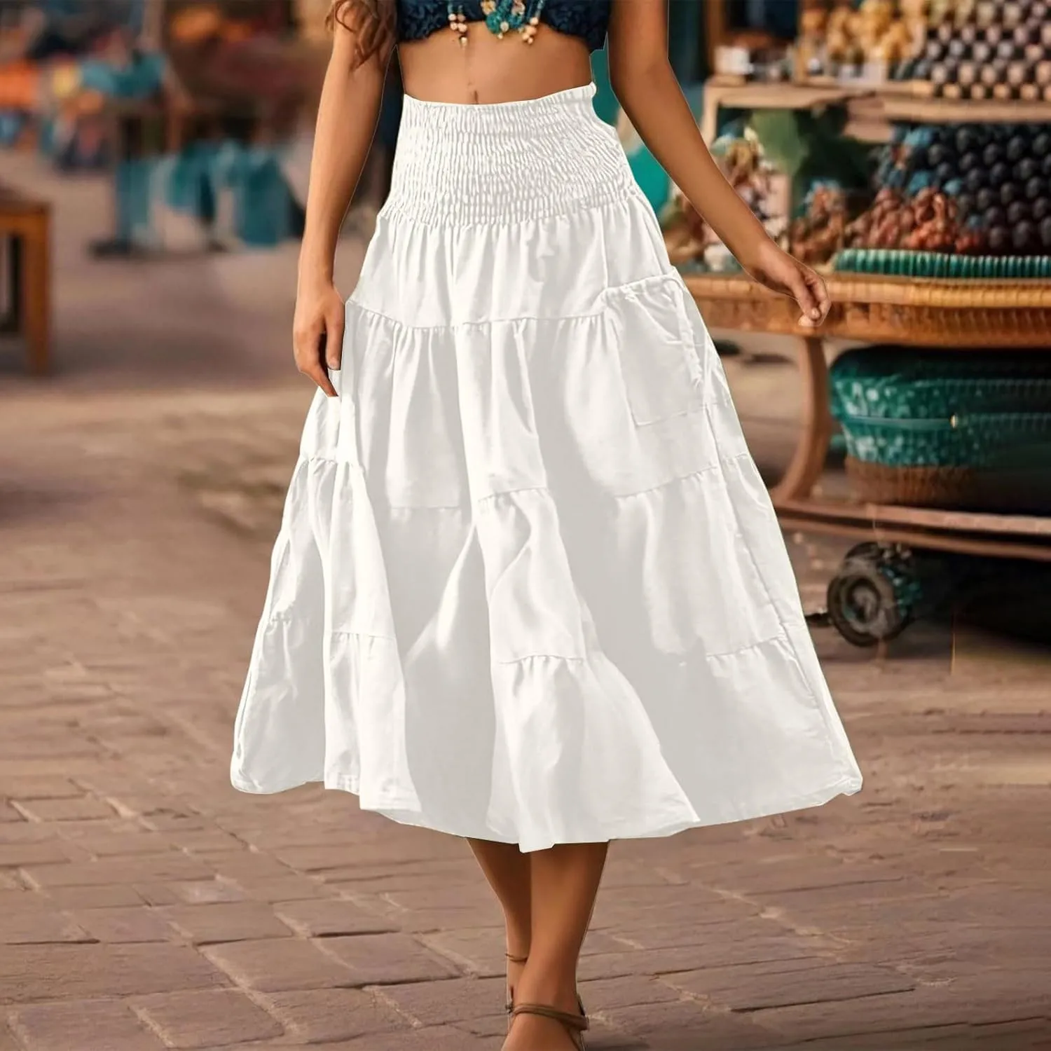 Maxi Skirts for Women Elastic High Waist Tiered A-Line Pleated Long Skirt Summer Flowy Swing Boho Solid Beach Clothes