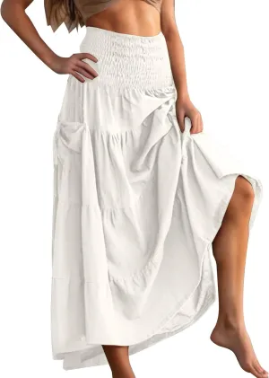 Maxi Skirts for Women Elastic High Waist Tiered A-Line Pleated Long Skirt Summer Flowy Swing Boho Solid Beach Clothes