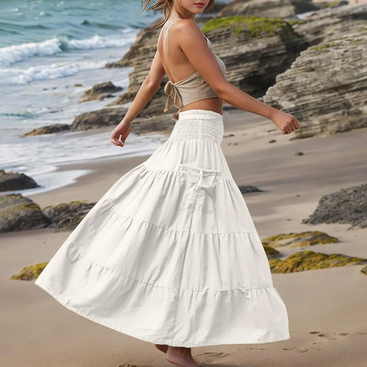 Maxi Skirts for Women Elastic High Waist Tiered A-Line Pleated Long Skirt Summer Flowy Swing Boho Solid Beach Clothes