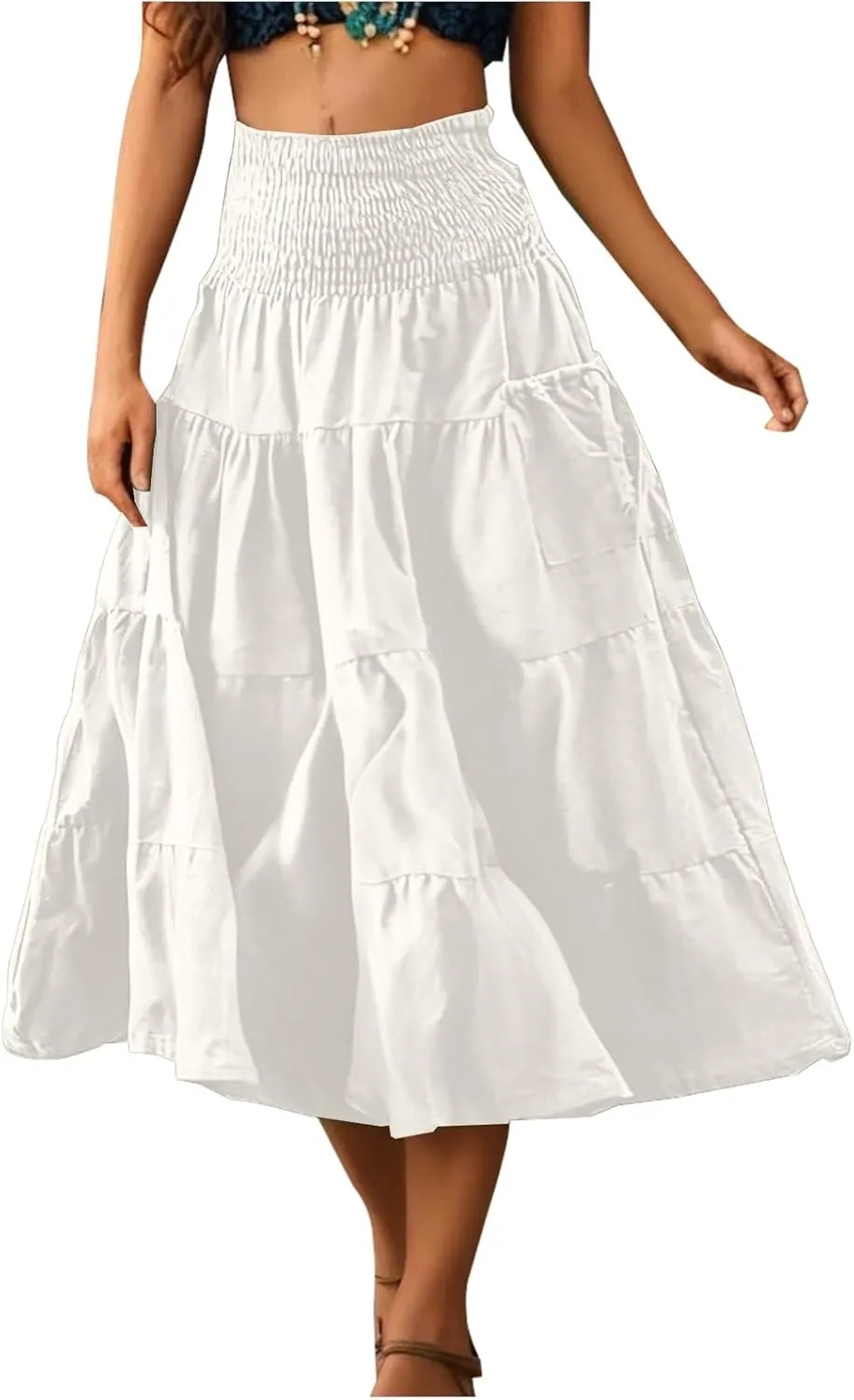 Maxi Skirts for Women Elastic High Waist Tiered A-Line Pleated Long Skirt Summer Flowy Swing Boho Solid Beach Clothes