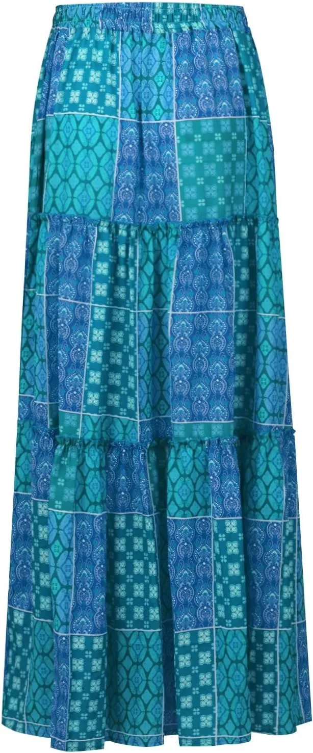 Maxi Skirts for Women Summer Boho Pleated Elastic High Waisted Skirts A-Line Flowy Swing Maxi Skirt with Pockets