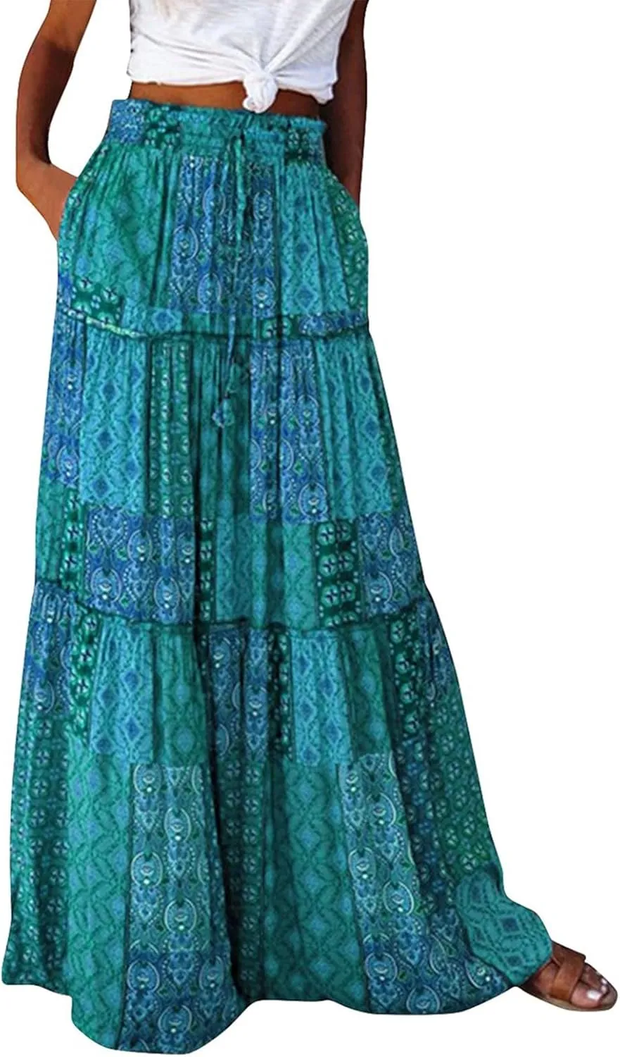 Maxi Skirts for Women Summer Boho Pleated Elastic High Waisted Skirts A-Line Flowy Swing Maxi Skirt with Pockets