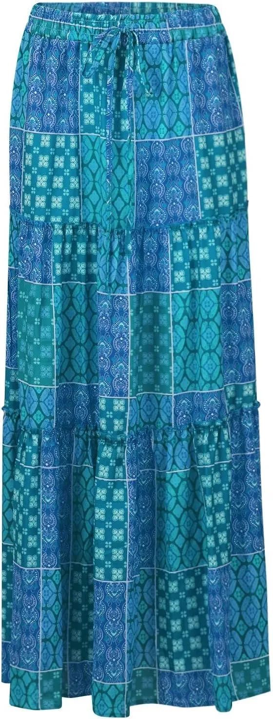 Maxi Skirts for Women Summer Boho Pleated Elastic High Waisted Skirts A-Line Flowy Swing Maxi Skirt with Pockets