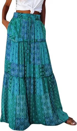 Maxi Skirts for Women Summer Boho Pleated Elastic High Waisted Skirts A-Line Flowy Swing Maxi Skirt with Pockets