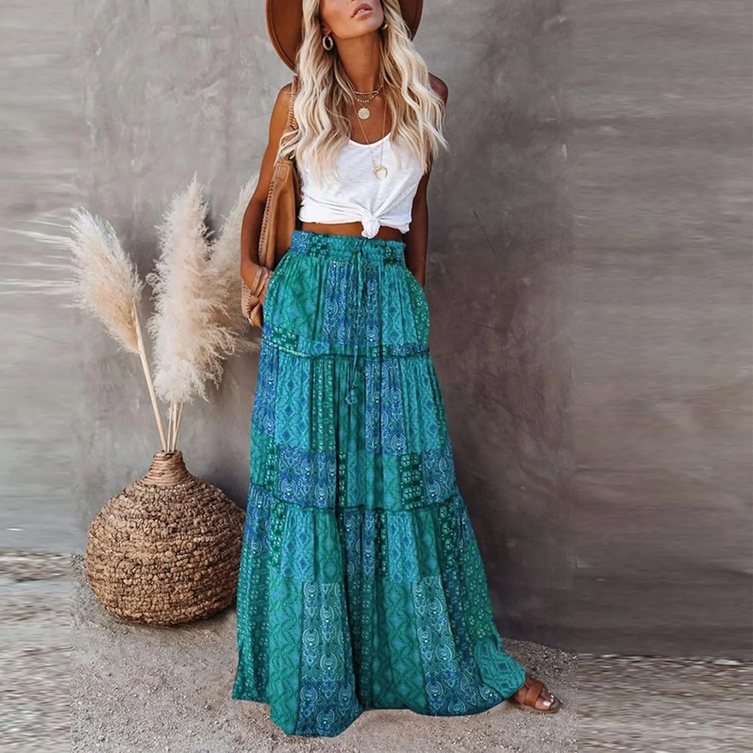 Maxi Skirts for Women Summer Boho Pleated Elastic High Waisted Skirts A-Line Flowy Swing Maxi Skirt with Pockets