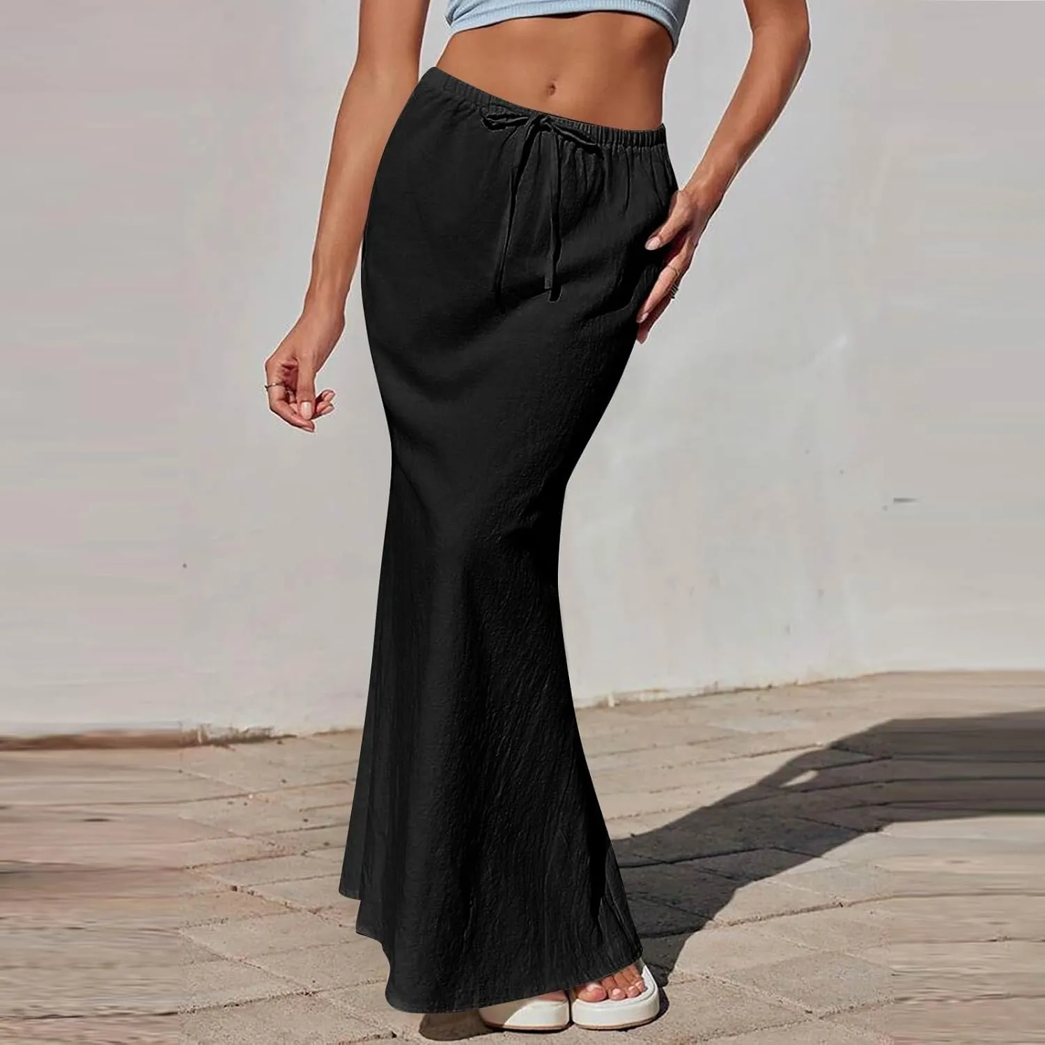 Maxi Skirts for Women Summer Cotton Linen Skirt Boho Back Slit Elastic A-Line Skirts Y2K Drawstring Long Skirt