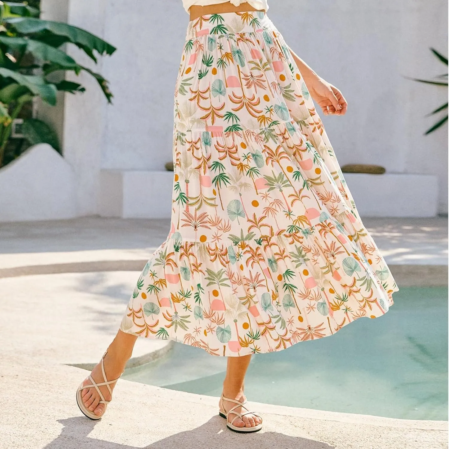 Maxi Skirts for Women Trendy Boho Flowy Tiered Pleated Skirt A-Line High Waisted Beach Skirt Cover Ups for Vacation