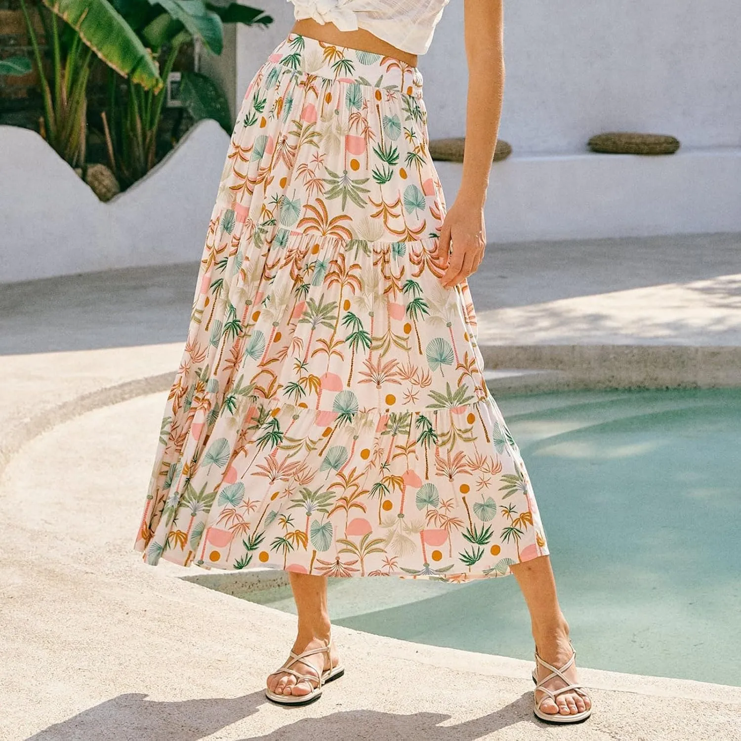 Maxi Skirts for Women Trendy Boho Flowy Tiered Pleated Skirt A-Line High Waisted Beach Skirt Cover Ups for Vacation