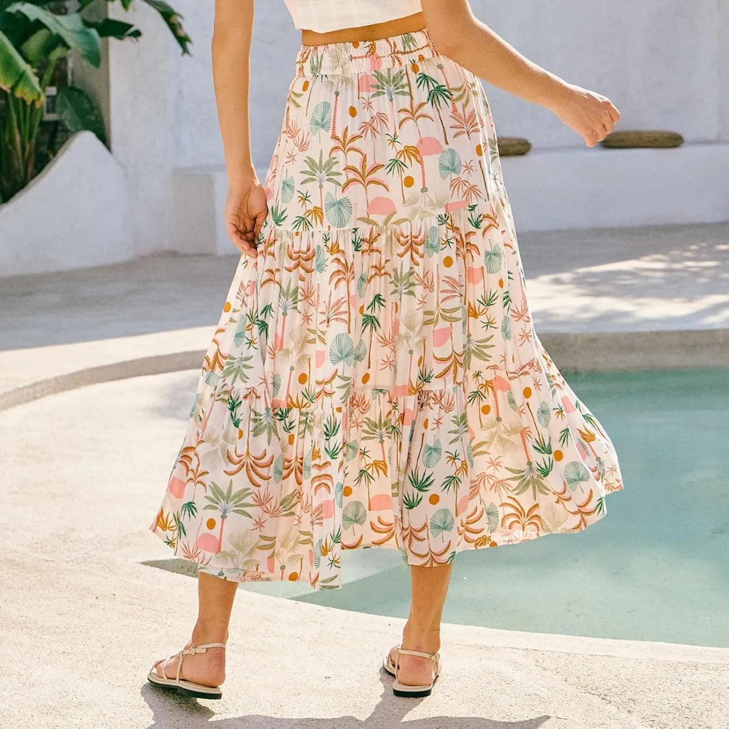 Maxi Skirts for Women Trendy High Waisted Tiered Pleated Skirt A-Line Boho Flowy Beach Skirt Cover Ups for Vacation