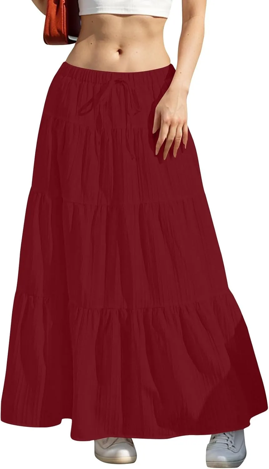 Maxi Skirts for Women Trendy Tiered A-Line Long Skirt Drawstring Elastic Waist Pleated Boho Casual Loose Clothes 2025