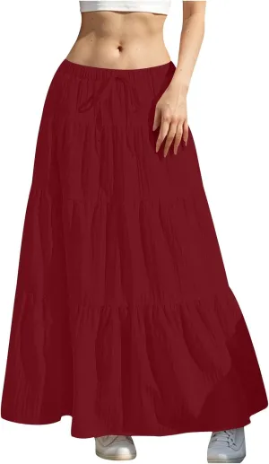 Maxi Skirts for Women Trendy Tiered A-Line Long Skirt Drawstring Elastic Waist Pleated Boho Casual Loose Clothes 2025