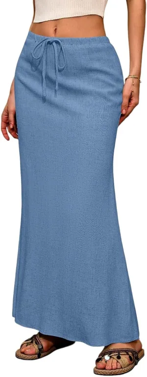 Maxi Skirts Women's Long Linen Skirts Summer Drawstring Elastic High Waisted A-Line Skirt Back Slit Beach Skirt