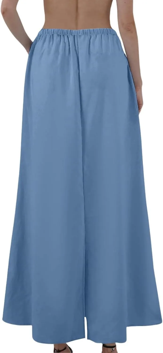 Maxi Skirts Women's Long Linen Skirts Summer Drawstring Elastic High Waisted A-Line Skirt Back Slit Beach Skirt
