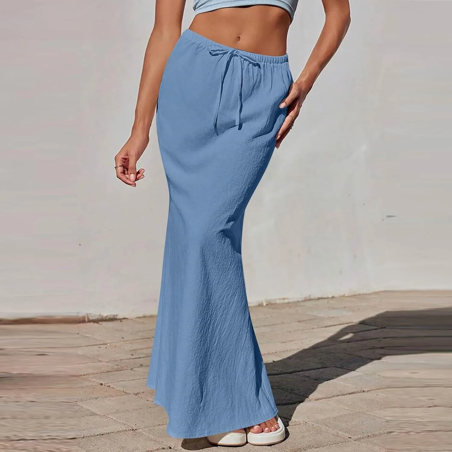 Maxi Skirts Women's Long Linen Skirts Summer Drawstring Elastic High Waisted A-Line Skirt Back Slit Beach Skirt