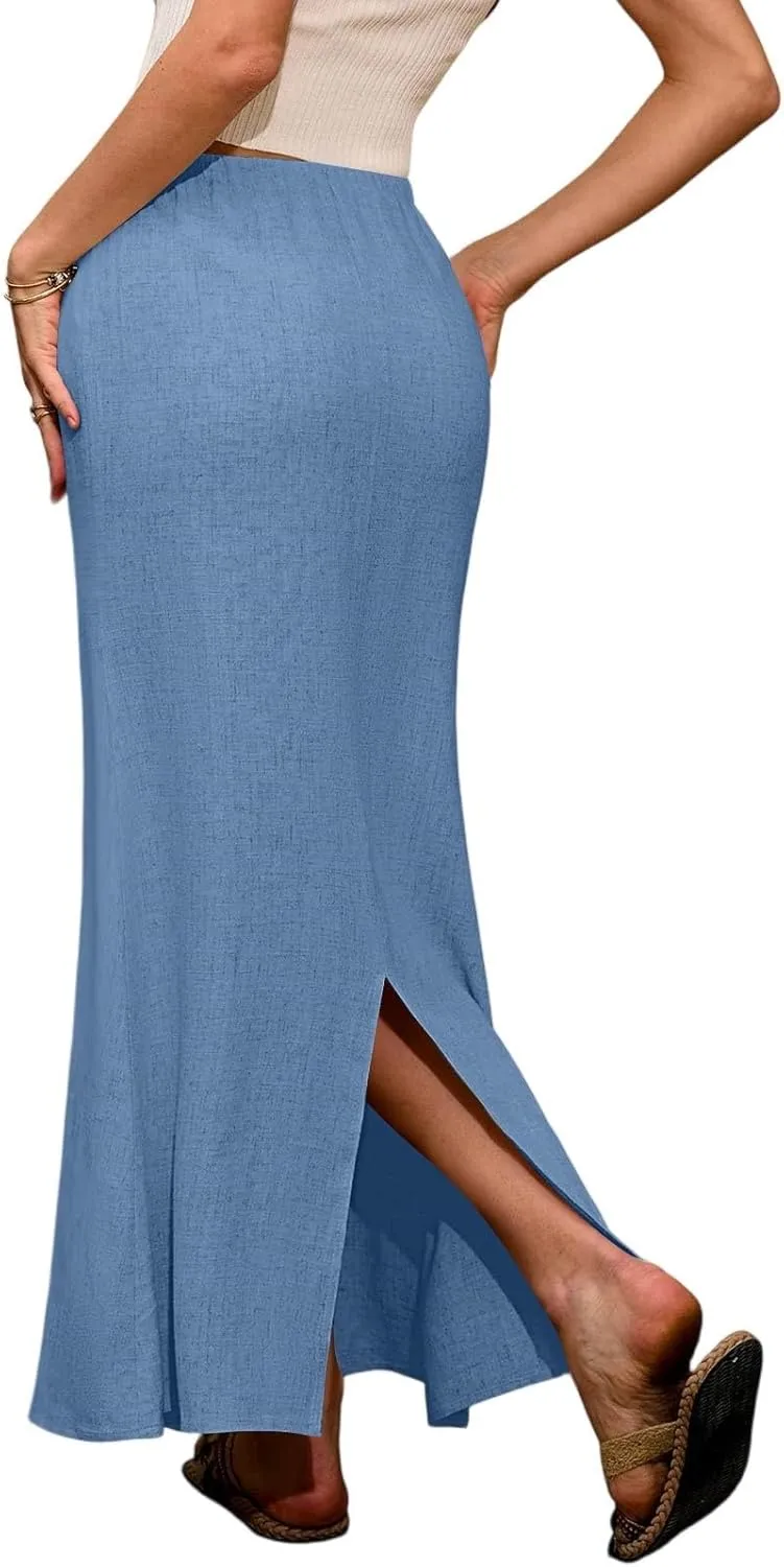 Maxi Skirts Women's Long Linen Skirts Summer Drawstring Elastic High Waisted A-Line Skirt Back Slit Beach Skirt