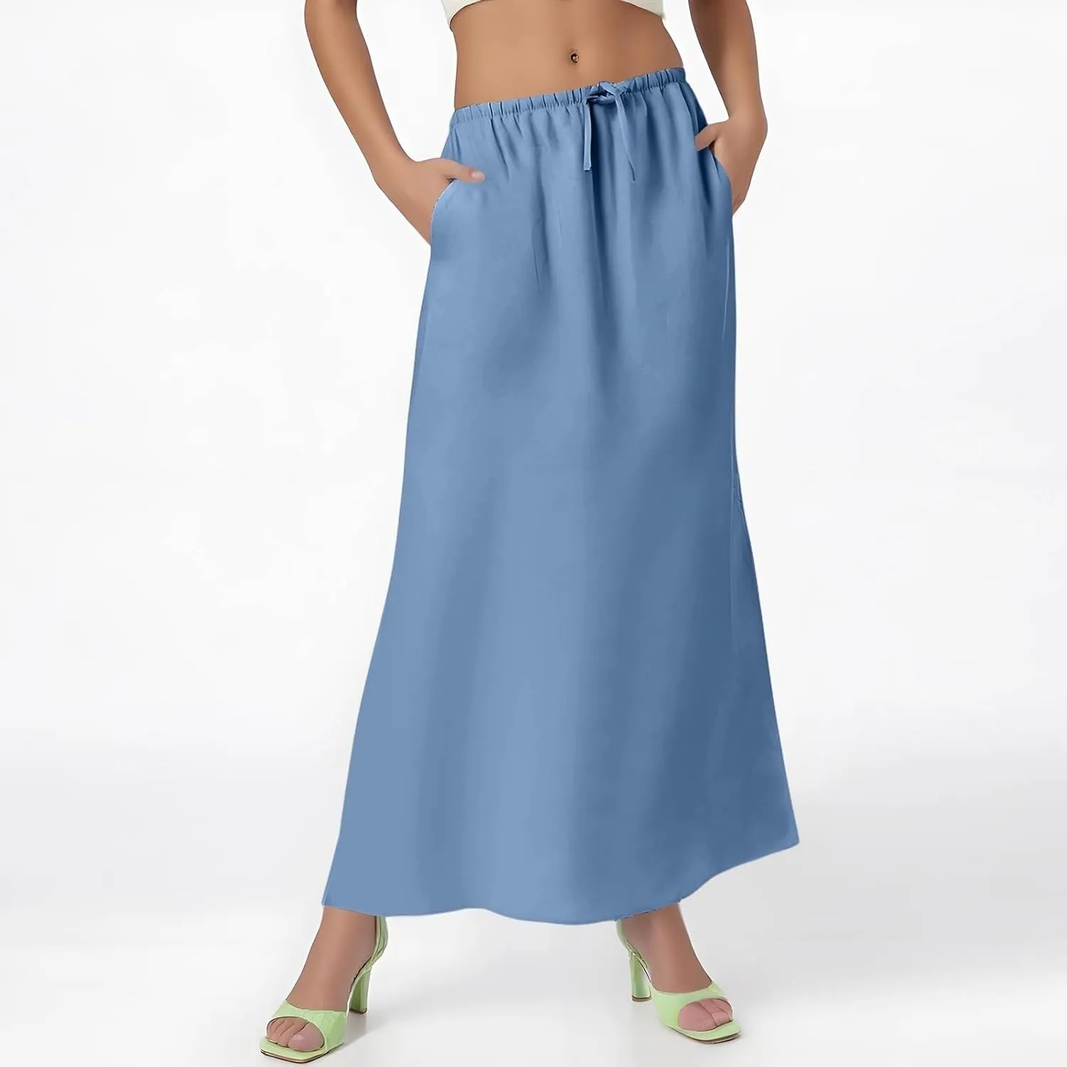 Maxi Skirts Women's Long Linen Skirts Summer Drawstring Elastic High Waisted A-Line Skirt Back Slit Beach Skirt