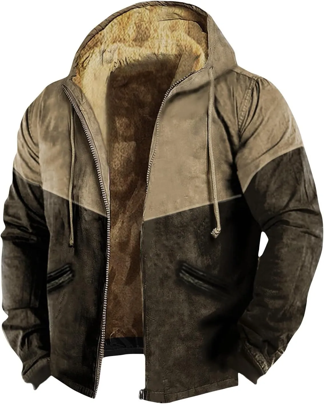 Mens Coats Winter Color Block Zipper Hooded Warm Windbreaker Jackets Oversized Heavy Hoodie