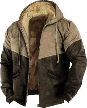 Mens Coats Winter Color Block Zipper Hooded Warm Windbreaker Jackets Oversized Heavy Hoodie