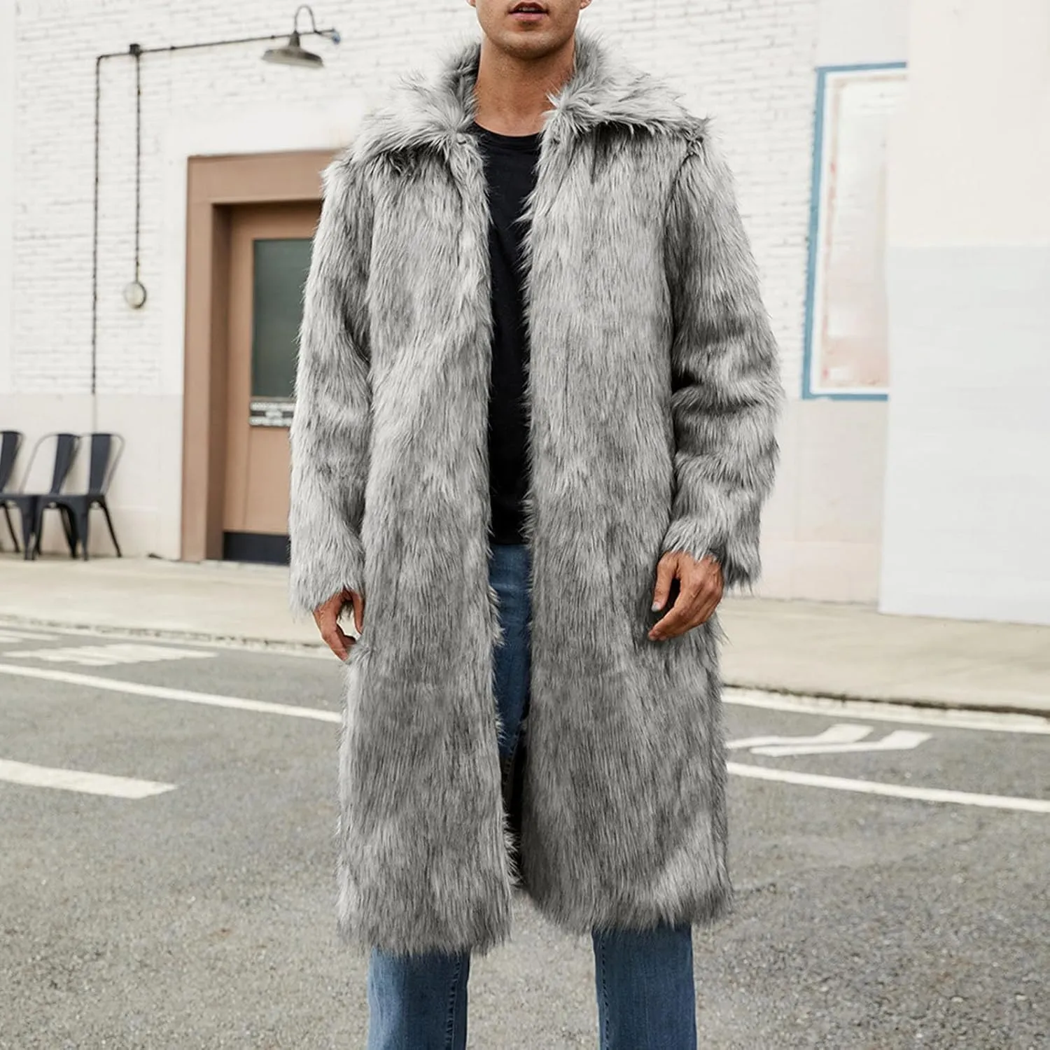 Men's Faux Fur Coat Winter Fashion Furry Fleece Trench Coat Men Winter Warm Faux Fur Overcoat Thicken Soft Jacket
