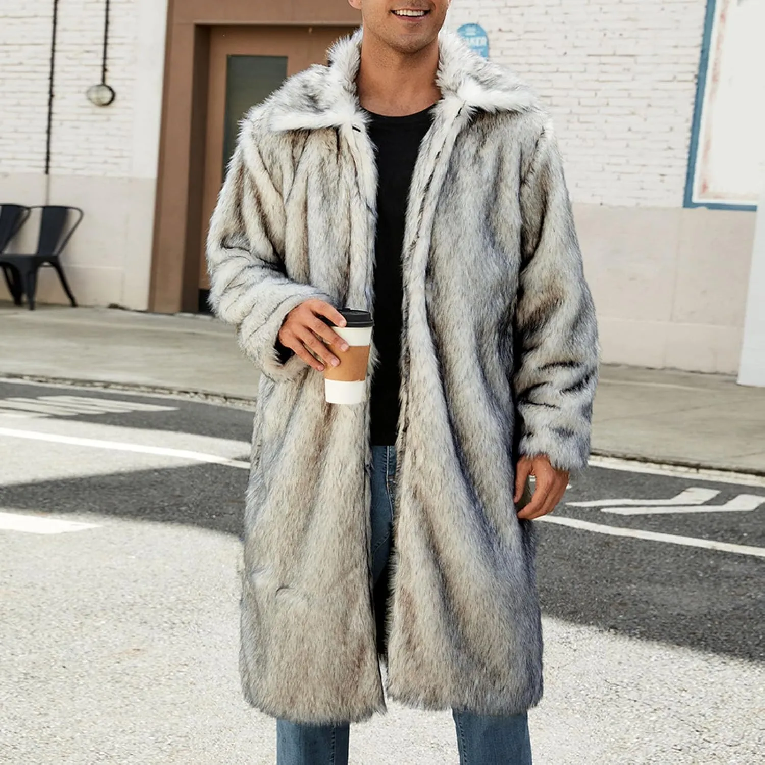 Men's Faux Fur Coat Winter Fashion Furry Fleece Trench Coat Men Winter Warm Faux Fur Overcoat Thicken Soft Jacket