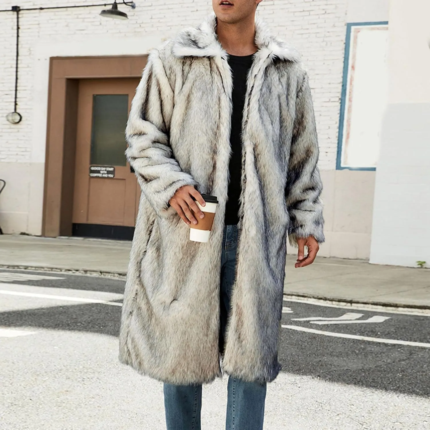 Men's Faux Fur Coat Winter Fashion Furry Fleece Trench Coat Men Winter Warm Faux Fur Overcoat Thicken Soft Jacket