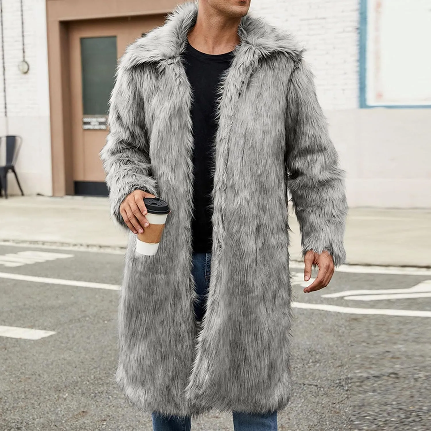 Men's Faux Fur Coat Winter Fashion Furry Fleece Trench Coat Men Winter Warm Faux Fur Overcoat Thicken Soft Jacket