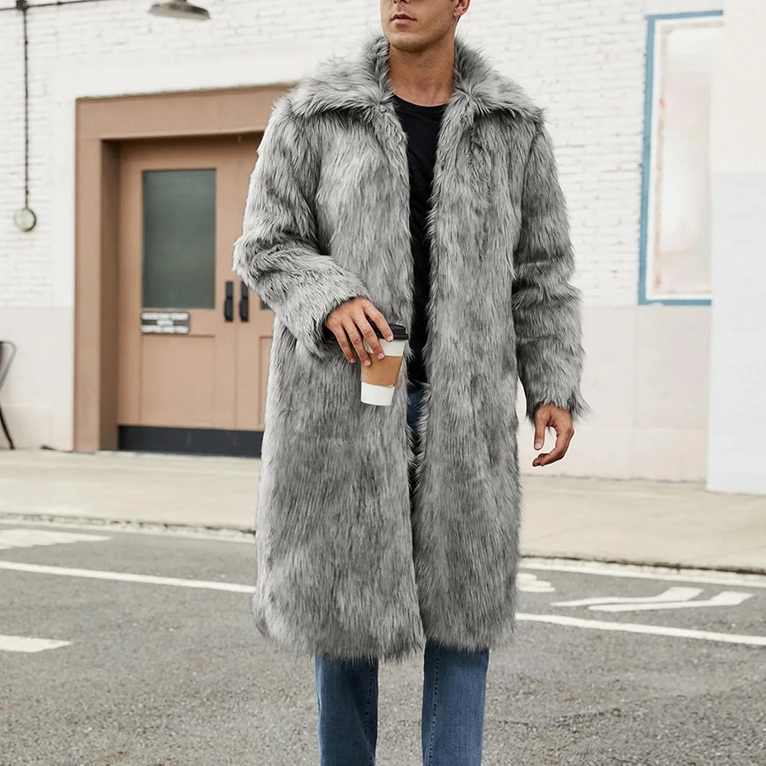 Men's Faux Fur Coat Winter Fashion Furry Fleece Trench Coat Men Winter Warm Faux Fur Overcoat Thicken Soft Jacket