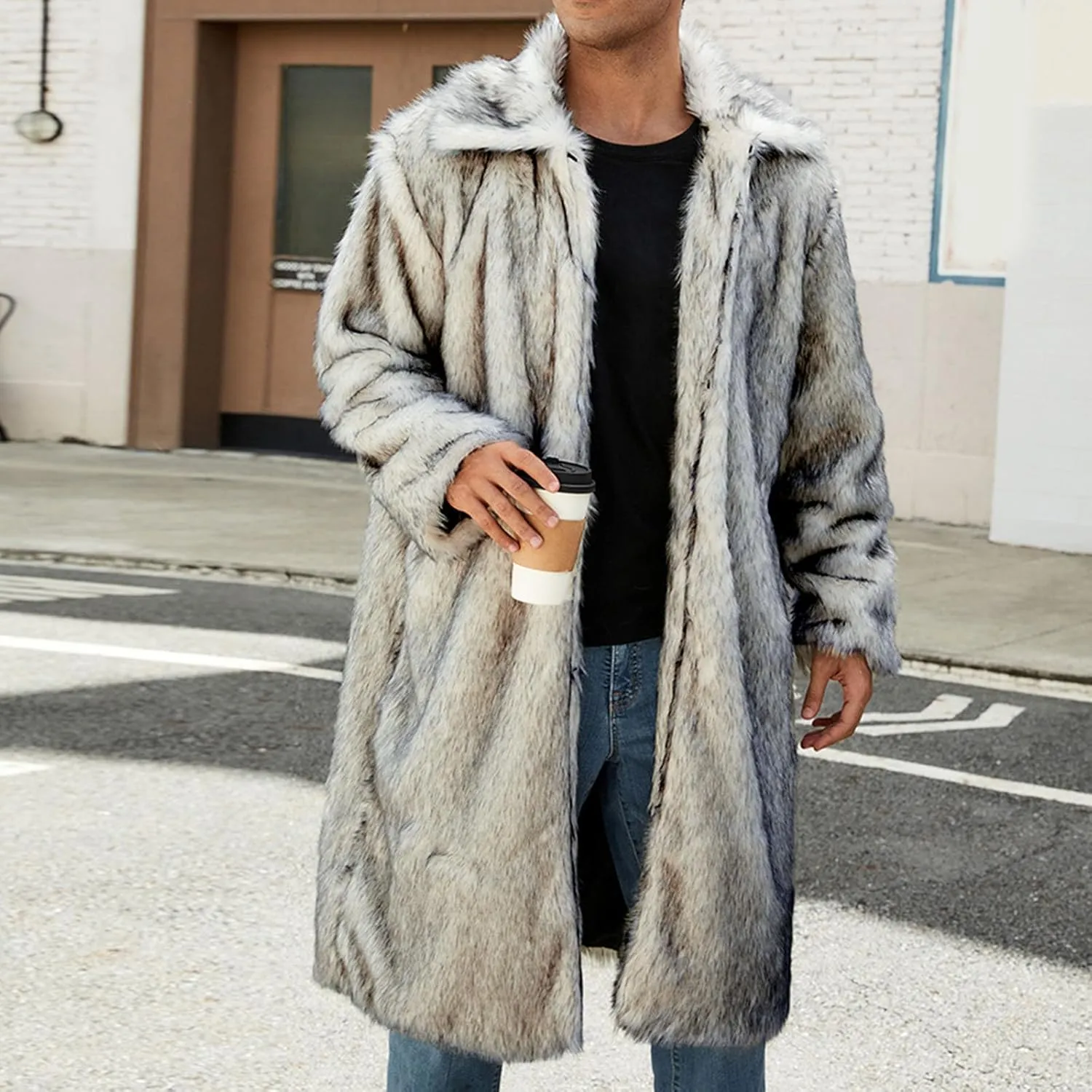 Men's Faux Fur Coat Winter Fashion Furry Fleece Trench Coat Men Winter Warm Faux Fur Overcoat Thicken Soft Jacket