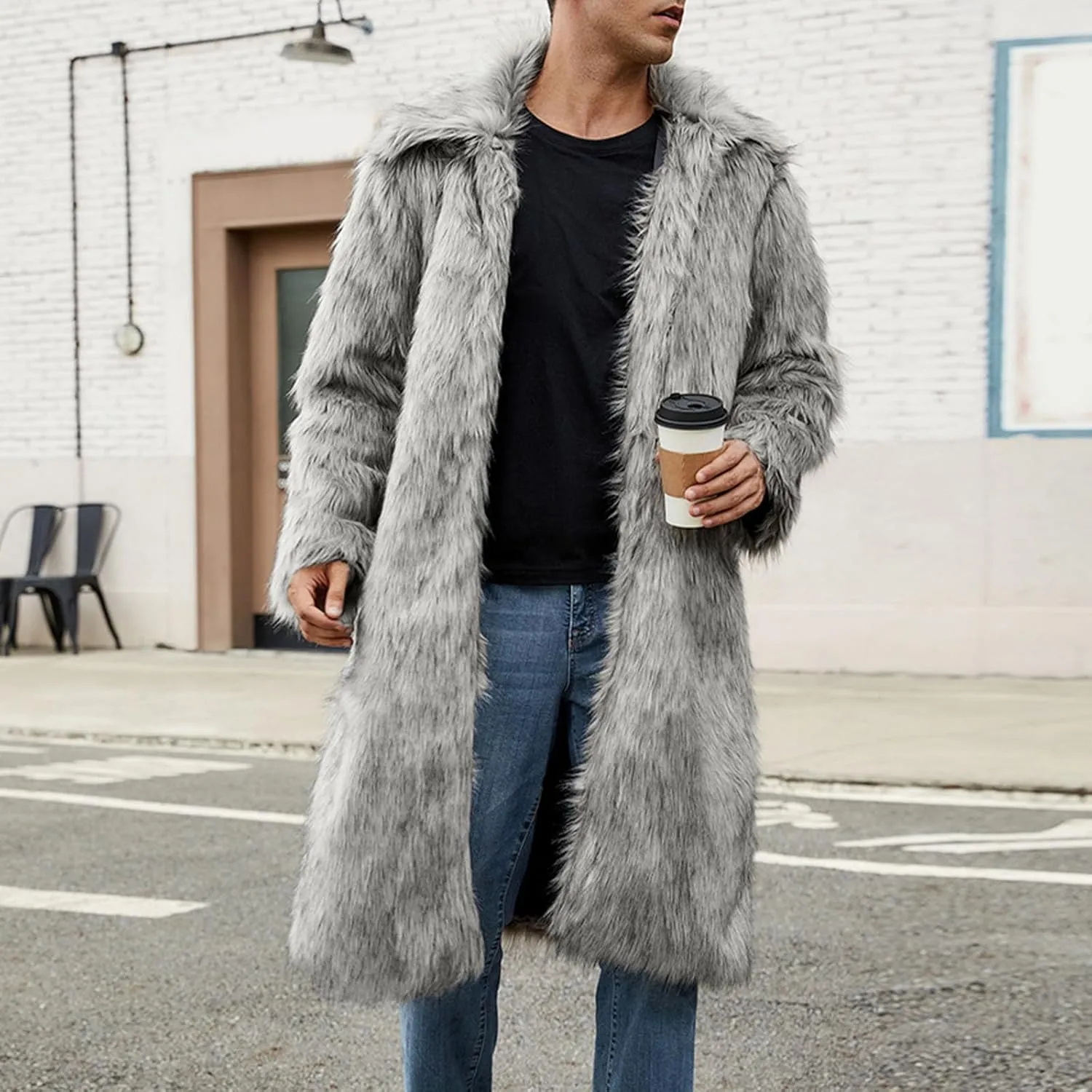 Men's Faux Fur Coat Winter Fashion Furry Fleece Trench Coat Men Winter Warm Faux Fur Overcoat Thicken Soft Jacket