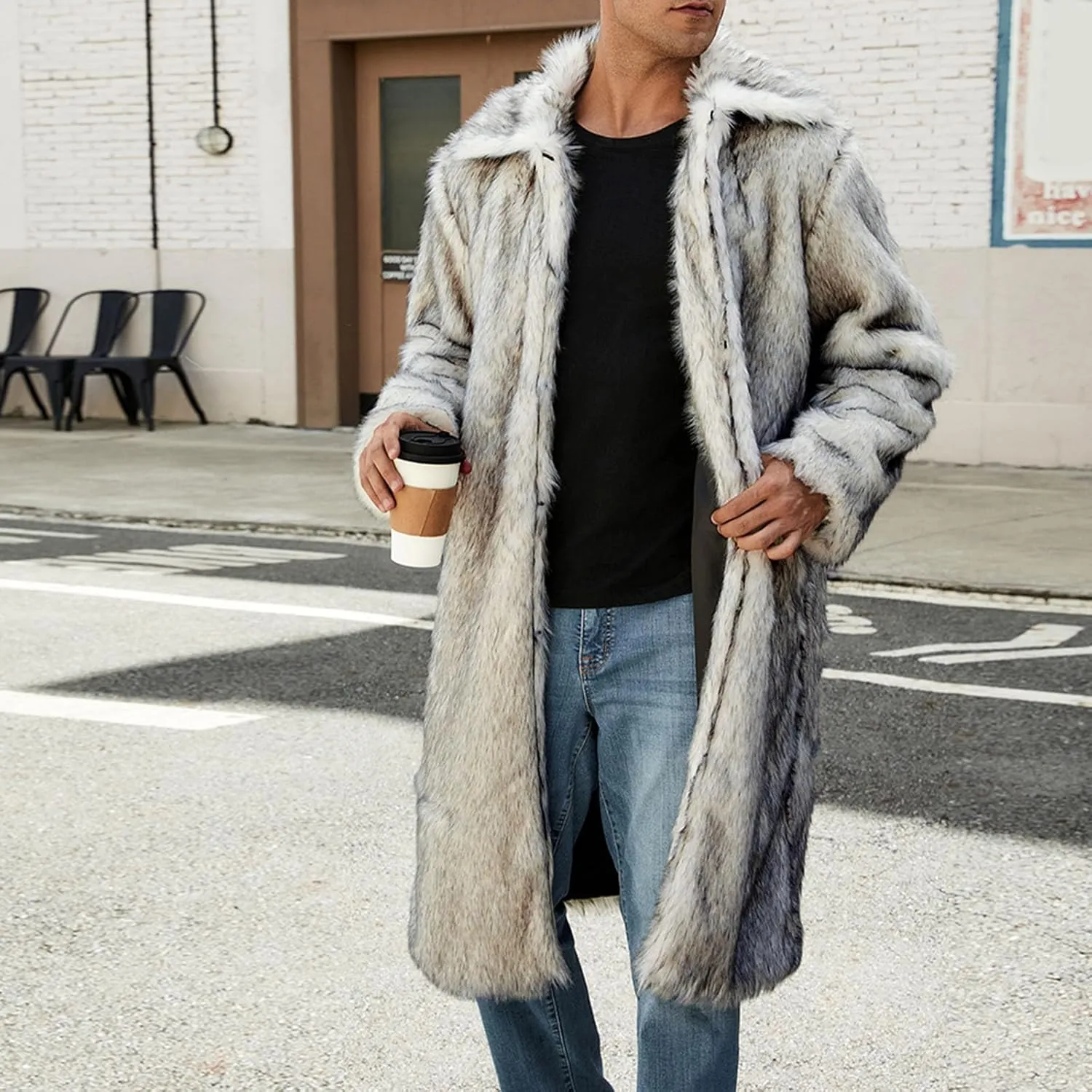 Men's Faux Fur Coat Winter Fashion Furry Fleece Trench Coat Men Winter Warm Faux Fur Overcoat Thicken Soft Jacket