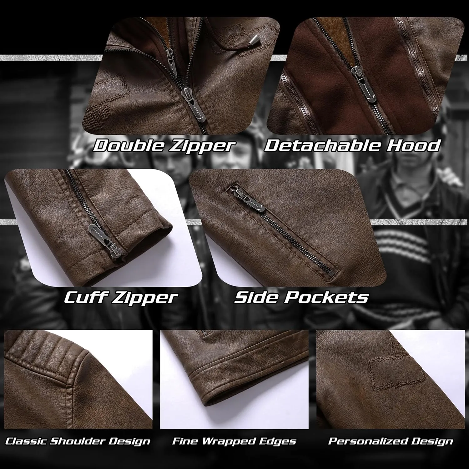 Men's Faux Leather Jacket Stand Collar Motorcycle Bomber Jacket Winter Coat Sherpa Fleece Lined with Removable Hood
