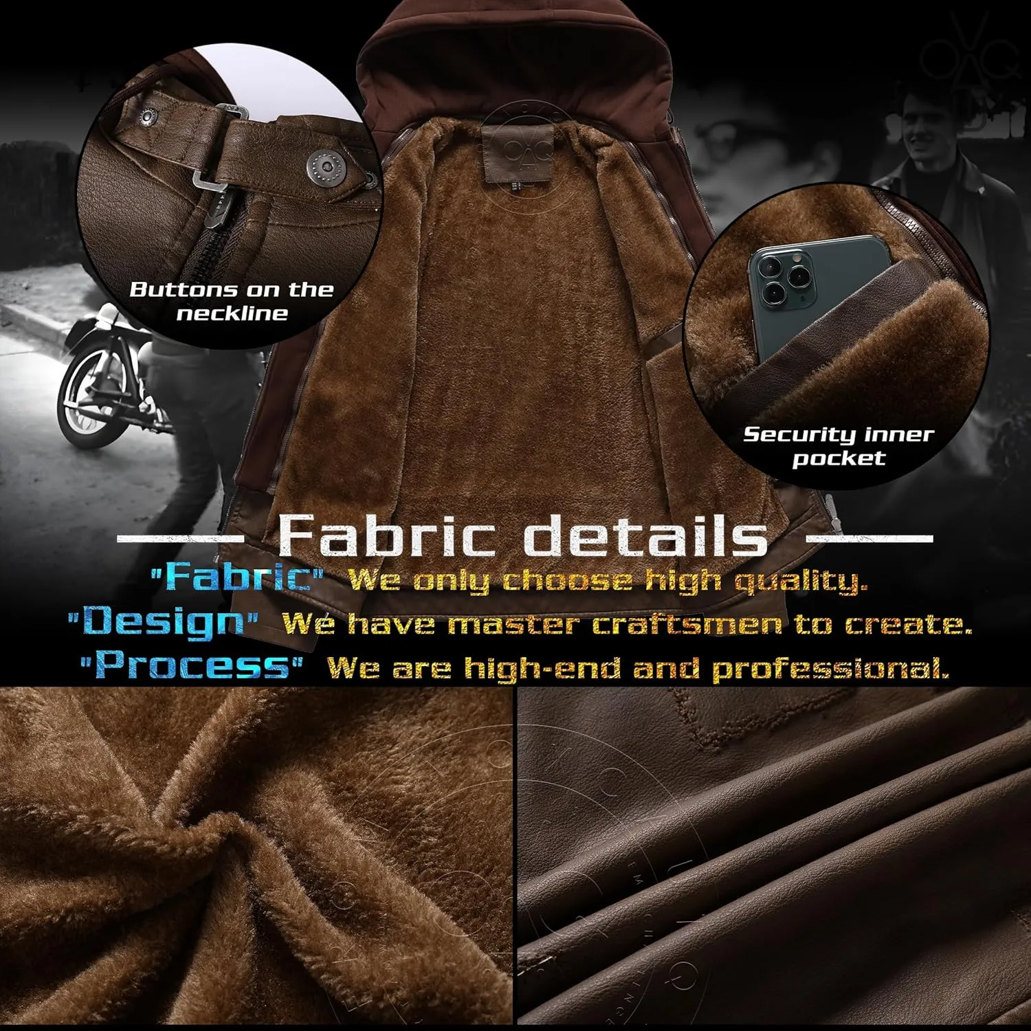 Men's Faux Leather Jacket Stand Collar Motorcycle Bomber Jacket Winter Coat Sherpa Fleece Lined with Removable Hood