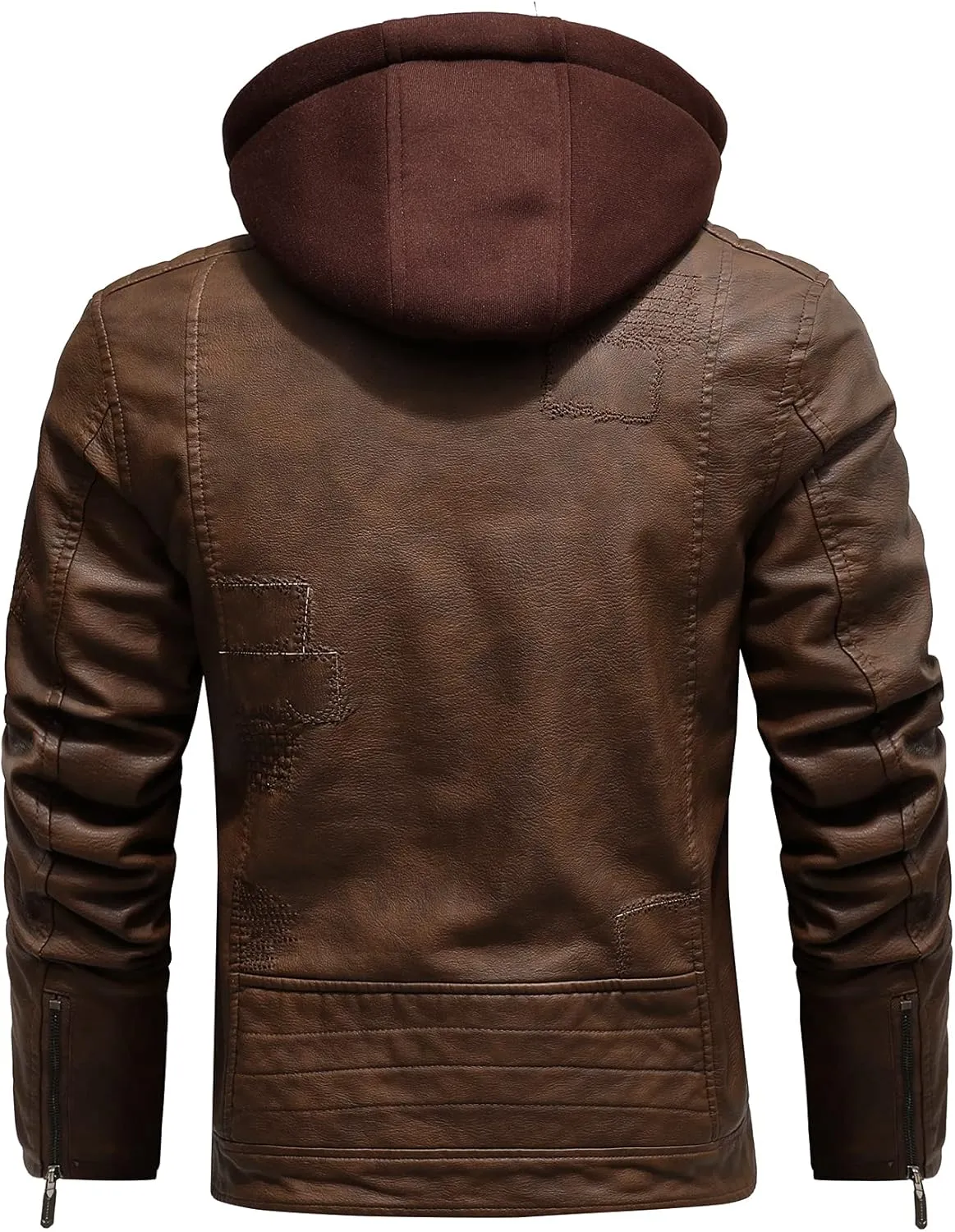 Men's Faux Leather Jacket Stand Collar Motorcycle Bomber Jacket Winter Coat Sherpa Fleece Lined with Removable Hood