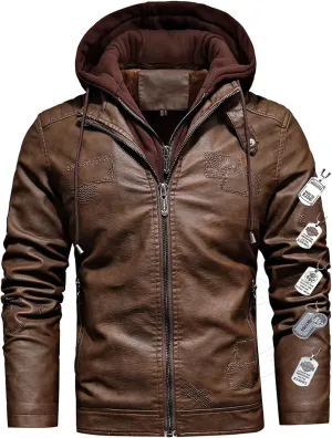 Men's Faux Leather Jacket Stand Collar Motorcycle Bomber Jacket Winter Coat Sherpa Fleece Lined with Removable Hood