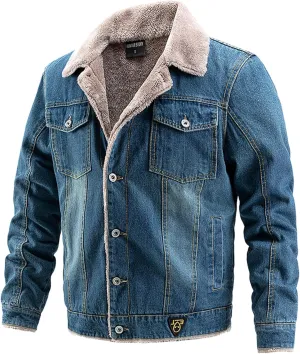 Mens Fleece Lined Denim Jacket Fur Collar Trucker Jacket Vintage Cargo Jacket Button Down Winter Coats Warm Outwear