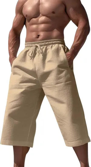 Men's Pajama Shorts Cotton Lounge Sleep Shorts Elastic Waist Sleepwear Pants with Pockets Khaki