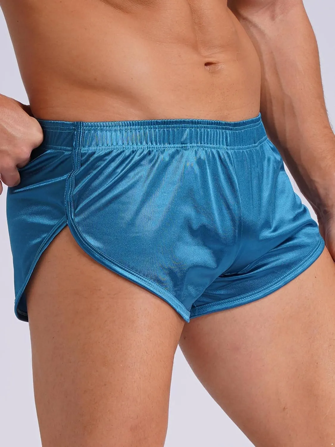 Men's Satin Side Split Running Shorts Elastic Waistband Quick Dry Gym Athletic Jogging Shorts