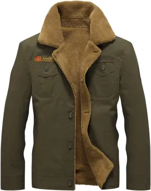 Men's Sherpa Lined Trucker Jacket Lapel Cotton Cargo Jacket Casual Button Jackets Warm Winter Parka Thickening Coats