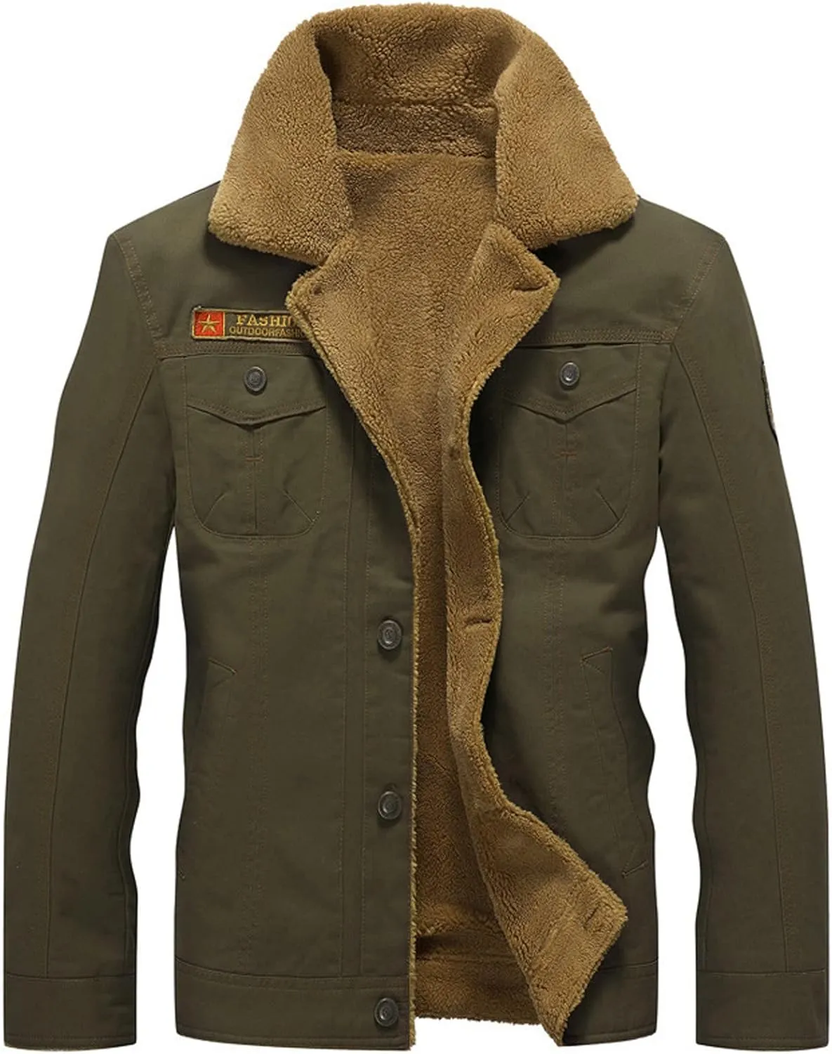 Men's Sherpa Lined Trucker Jacket Lapel Cotton Cargo Jacket Casual Button Jackets Warm Winter Parka Thickening Coats