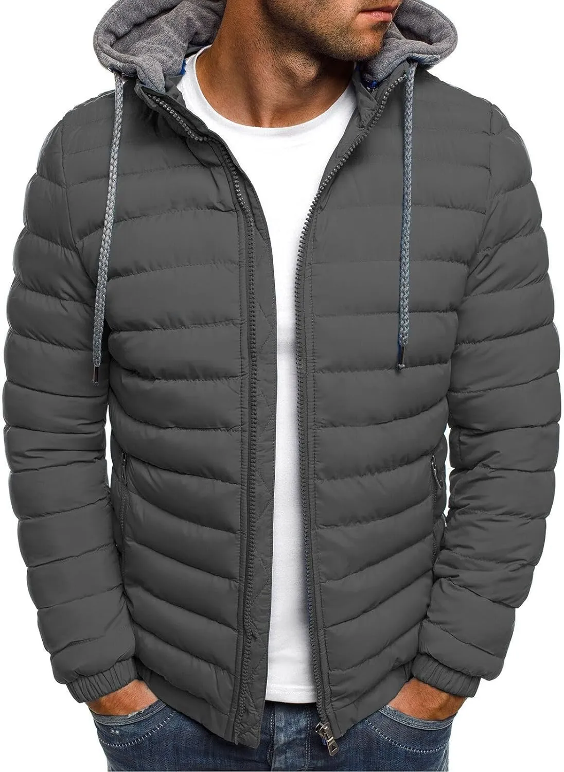 Men's Short Hooded Jacket Solid Color Full Zip Warm Windproof Winter Coats Hooded Outwear Coat Casual Jackets