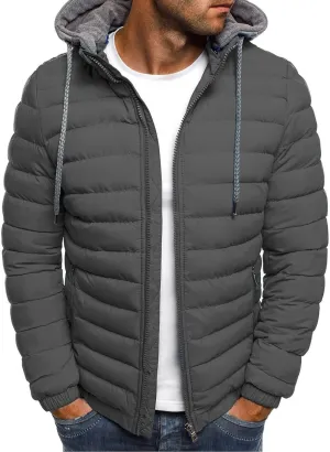 Men's Short Hooded Jacket Solid Color Full Zip Warm Windproof Winter Coats Hooded Outwear Coat Casual Jackets