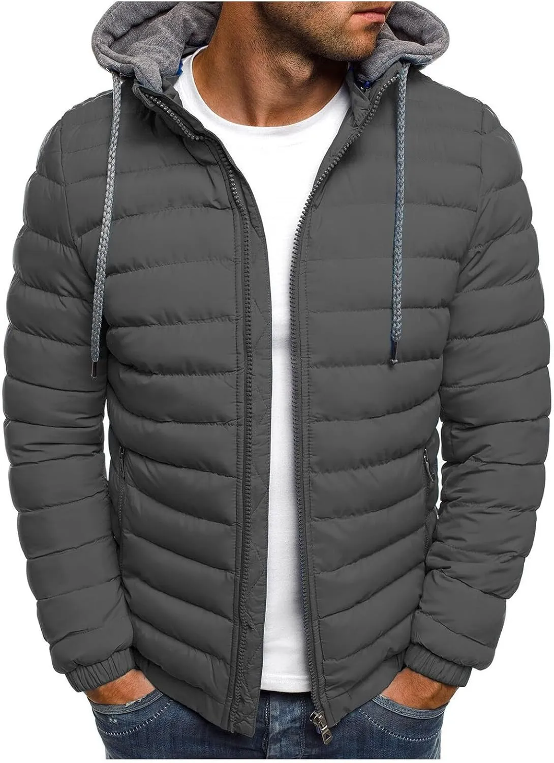 Men's Short Hooded Jacket Solid Color Full Zip Warm Windproof Winter Coats Hooded Outwear Coat Casual Jackets
