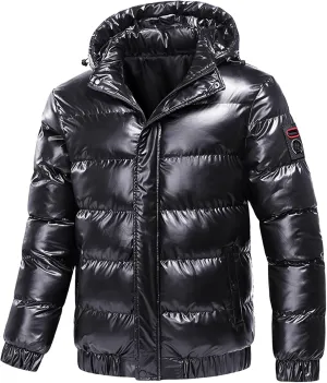 Men's Thermal Shiny Hooded Puffer Jacket Winter Coats Water-Resistant Down Coats Solid Color Padded Puffy Coat