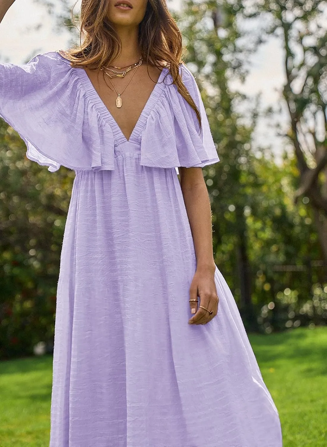 miduo Womens Deep V Neck Flutter Short Sleeve Open Back Flowy Maxi Long Dresses