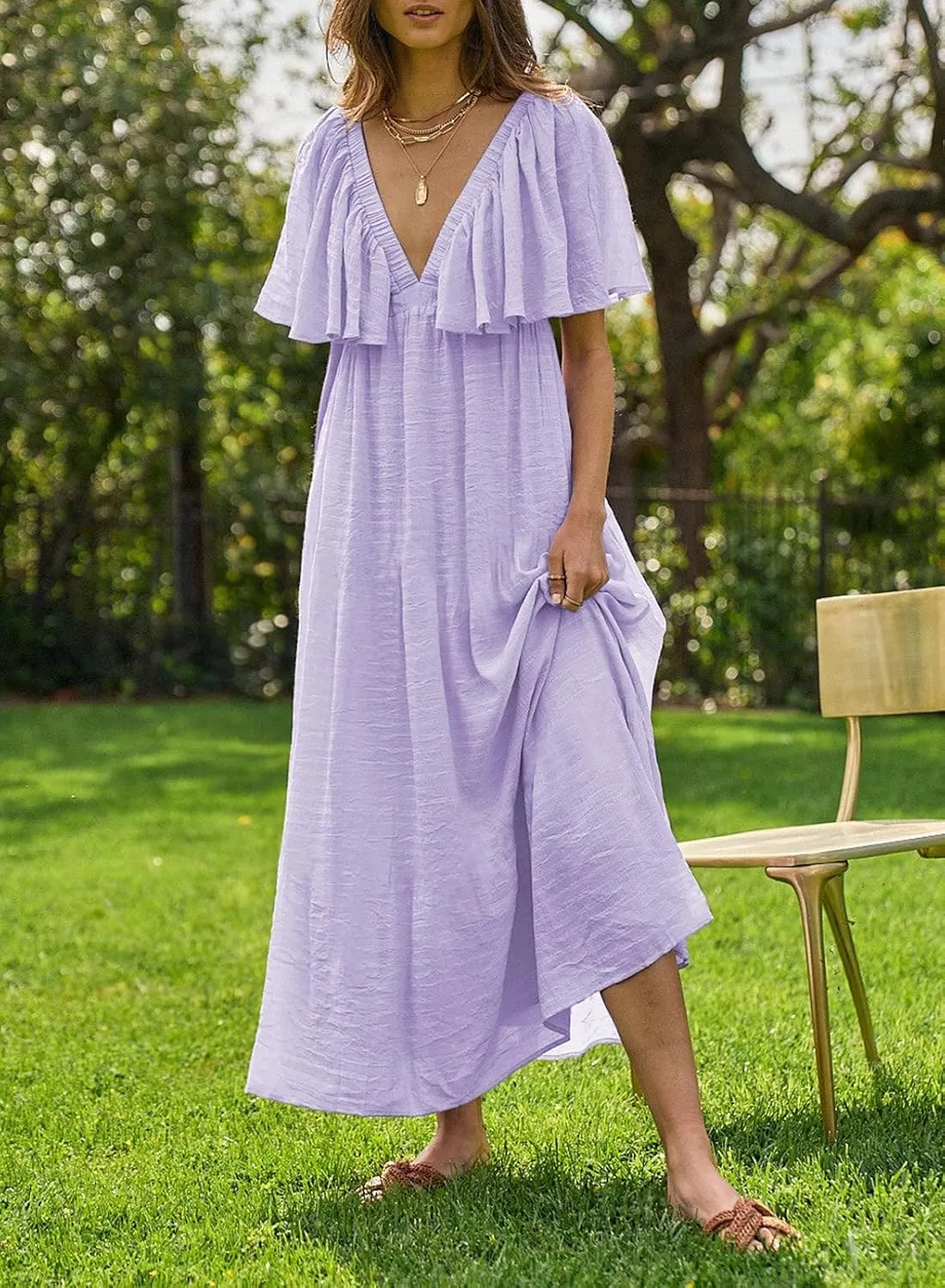 miduo Womens Deep V Neck Flutter Short Sleeve Open Back Flowy Maxi Long Dresses