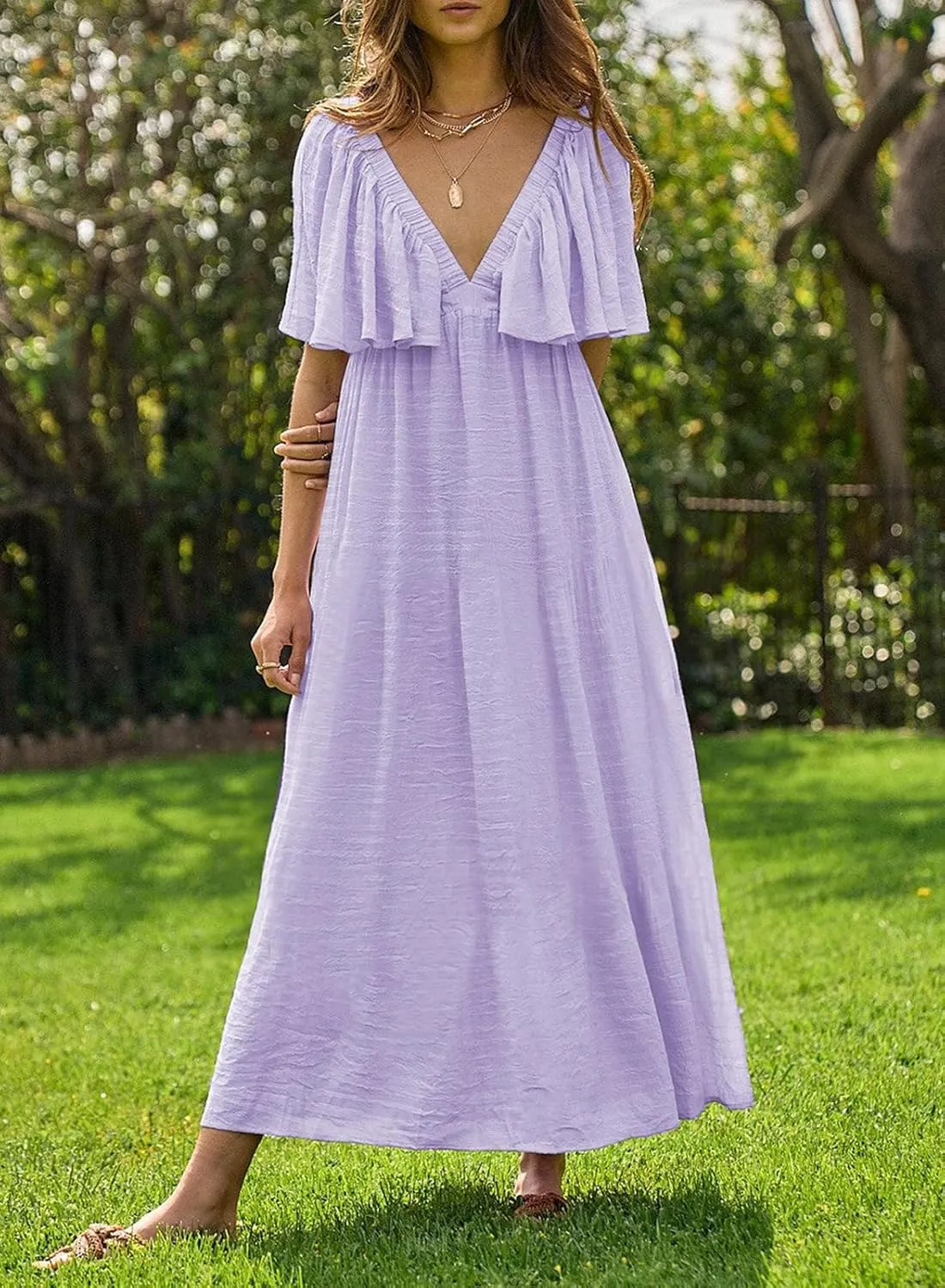 miduo Womens Deep V Neck Flutter Short Sleeve Open Back Flowy Maxi Long Dresses