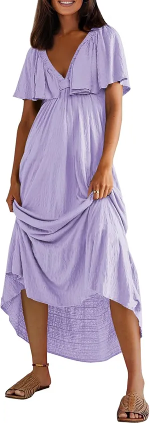 miduo Womens Deep V Neck Flutter Short Sleeve Open Back Flowy Maxi Long Dresses