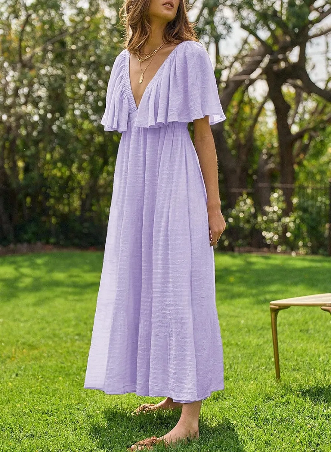 miduo Womens Deep V Neck Flutter Short Sleeve Open Back Flowy Maxi Long Dresses