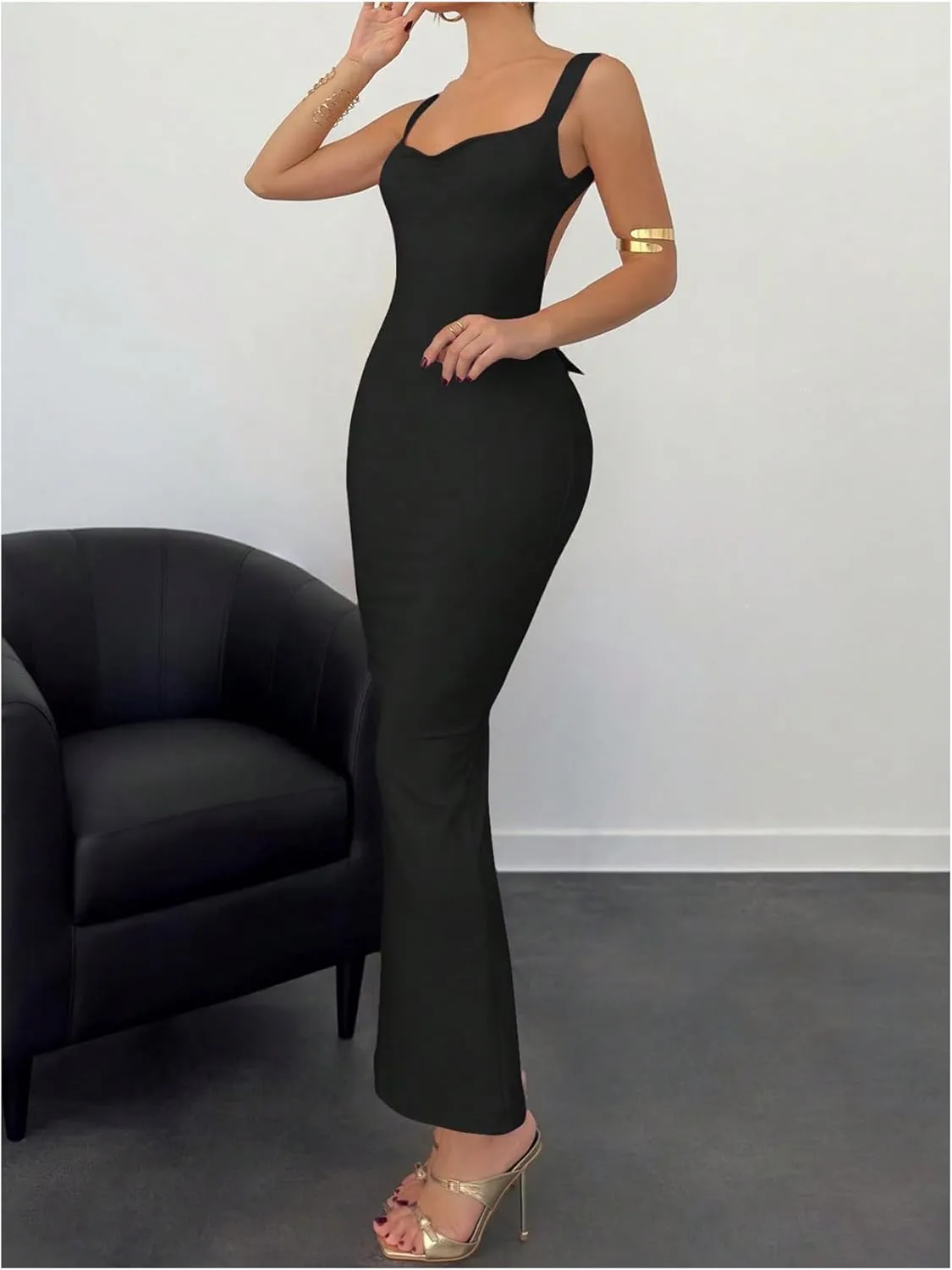 Milumia Women's Open Back Bowknot Bodycon Dress Sexy Cowl Neck Sleeveless Long Dresses